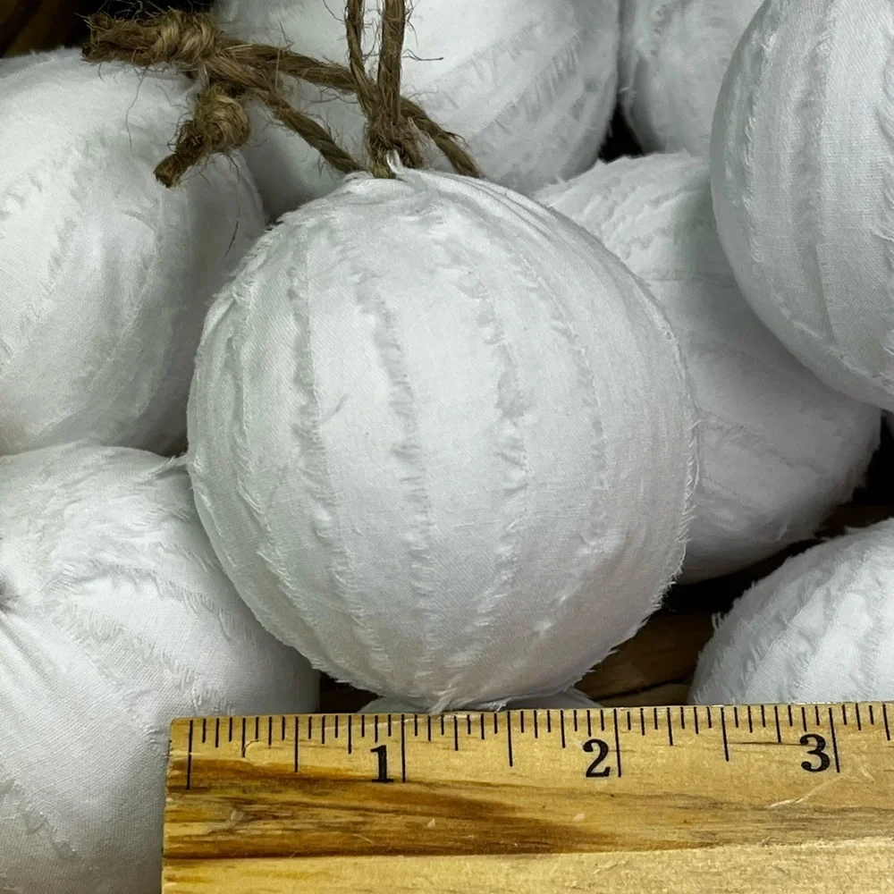 10 Snow White snowballs rag balls Christmas tree ornaments farmhouse bowl filler